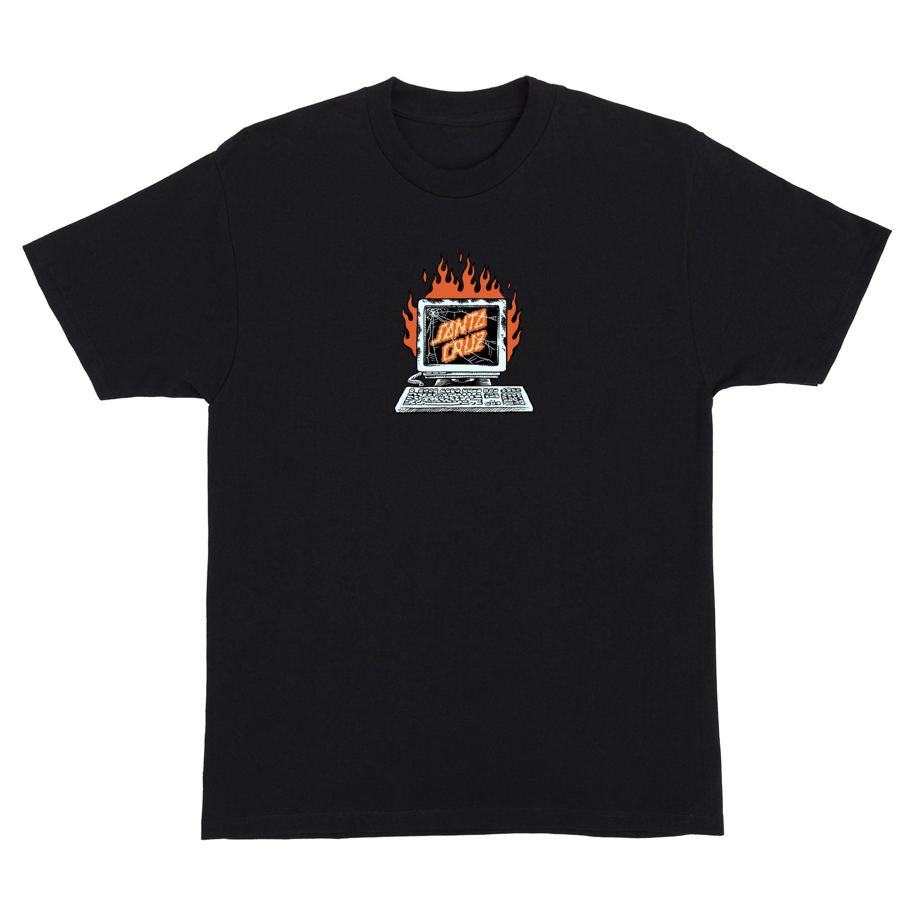 Black t-shirt with a graphic design on a white background