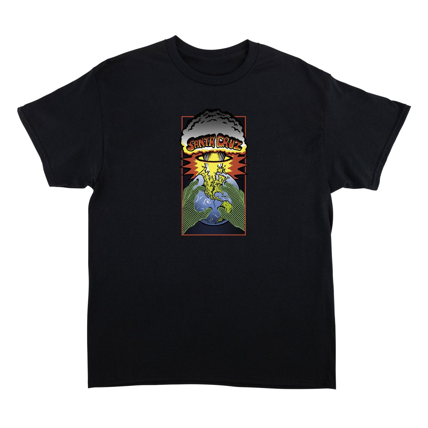 Black t-shirt with a graphic design on a white background