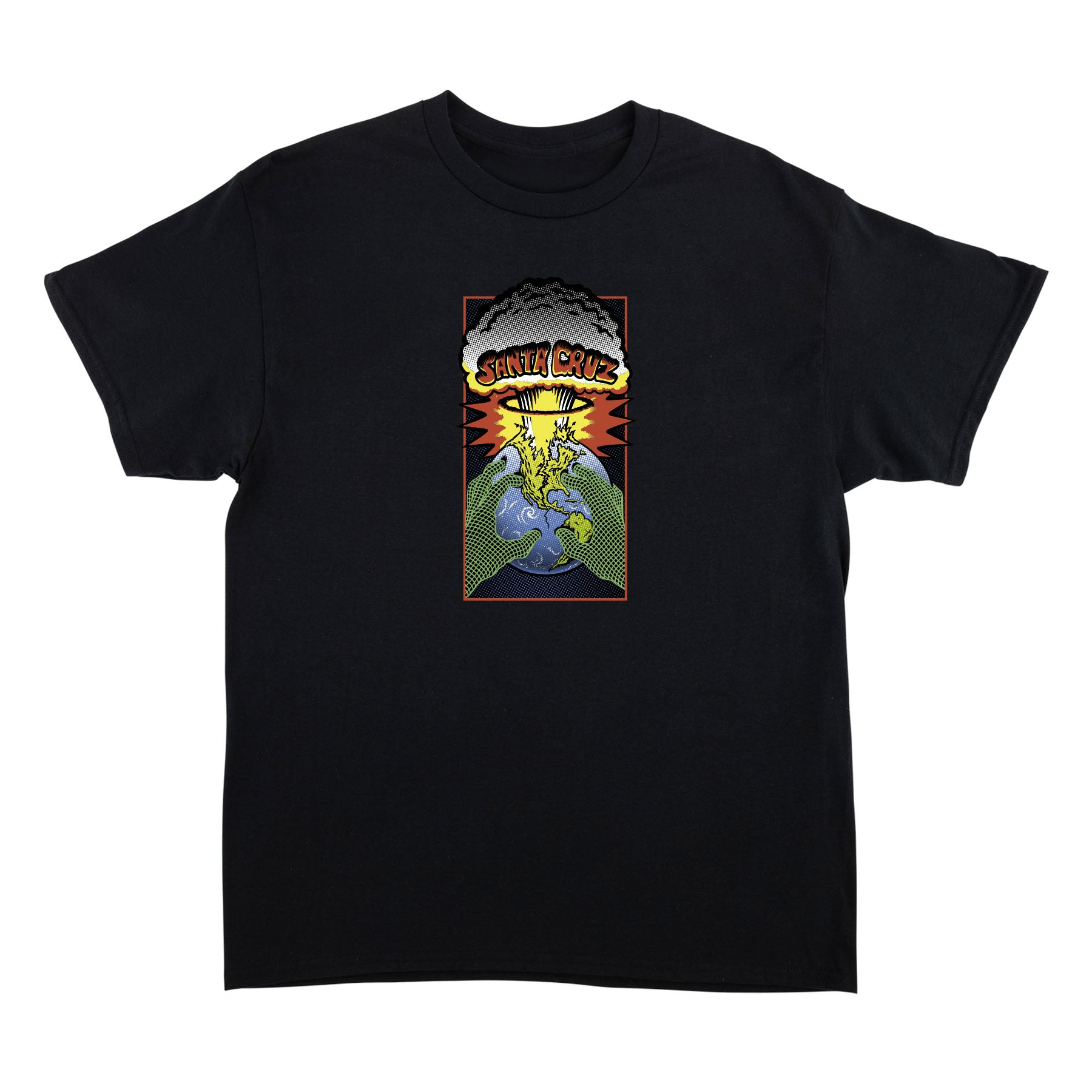 Black t-shirt with a graphic design on a white background