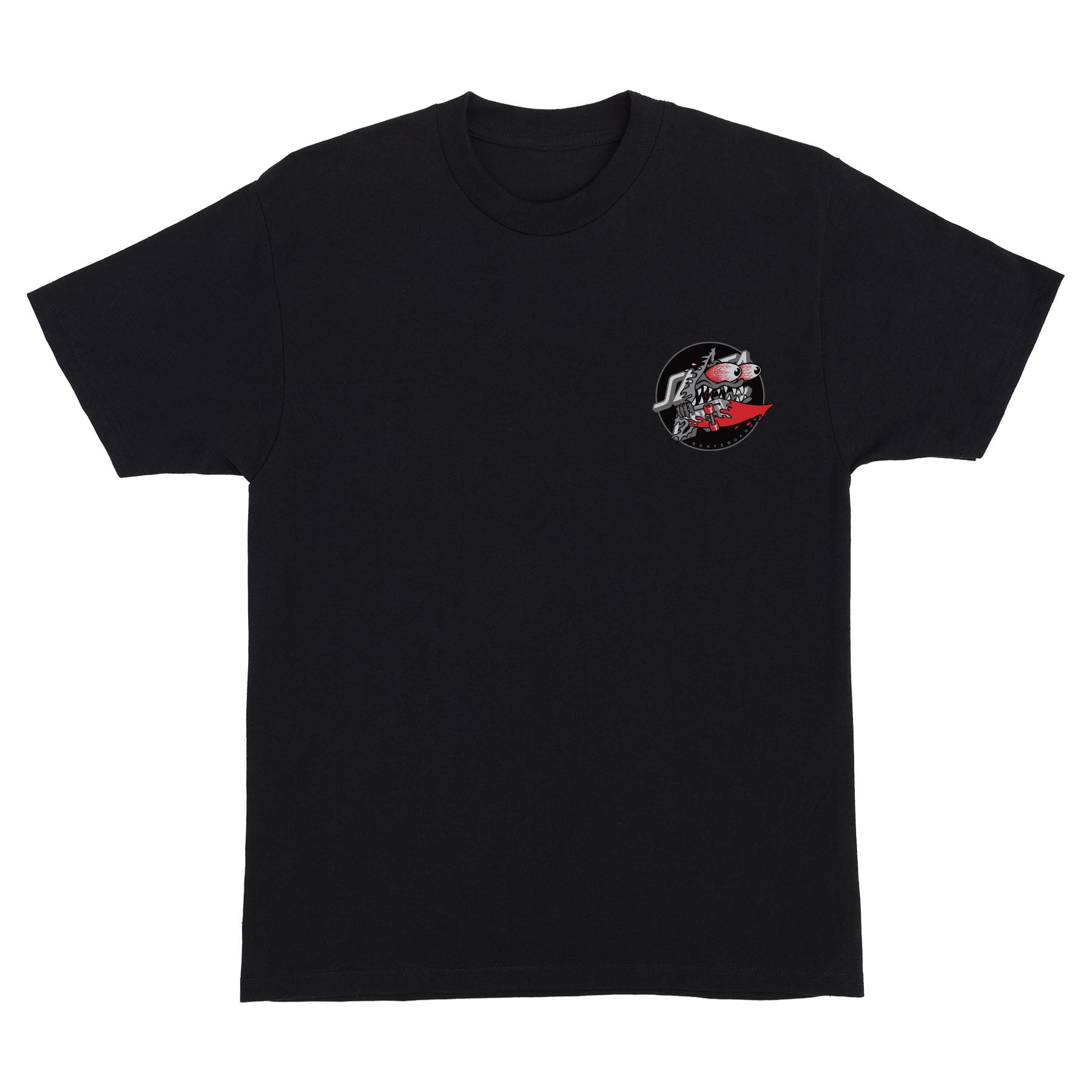 Black t-shirt with a small logo on the left chest against a white background