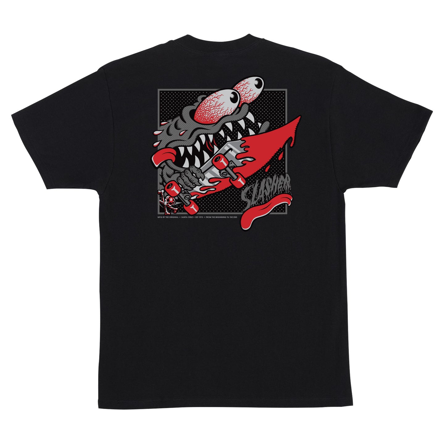 Black t-shirt with a graphic design of a crocodile and red elements on a white background