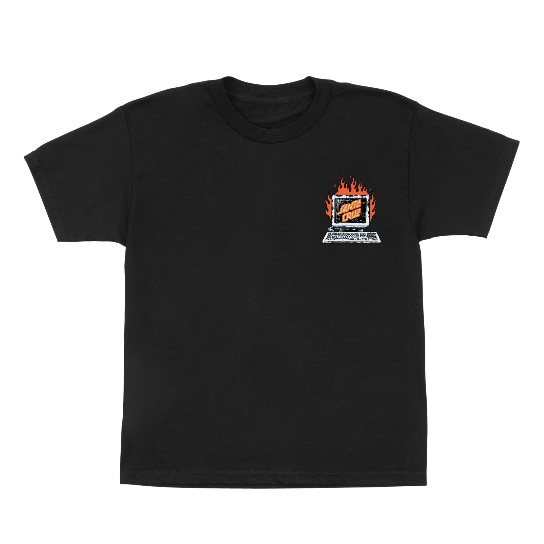 Black t-shirt with a graphic design on the chest against a white background