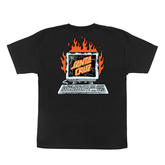 Black t-shirt with a graphic of a computer screen and flames on the back, on a white background.
