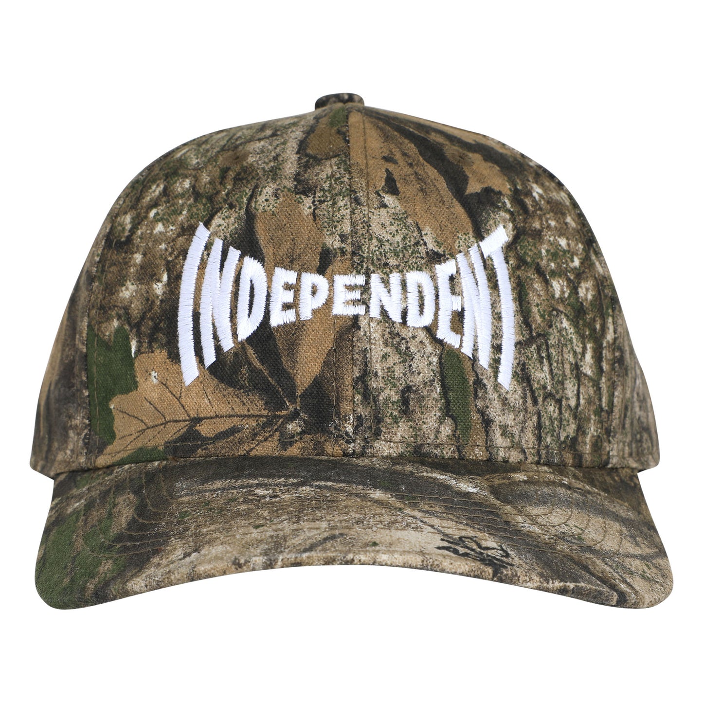 A camouflage baseball cap featuring a prominent white embroidered 'INDEPENDENT' logo across the front, set against a plain white background.
