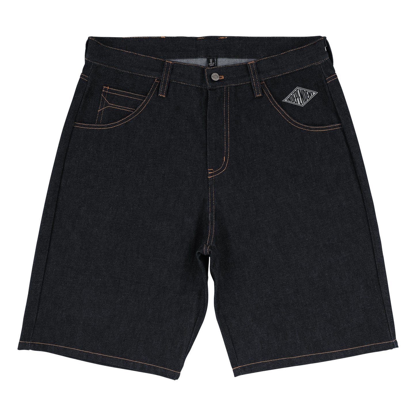 Black denim shorts on a white background