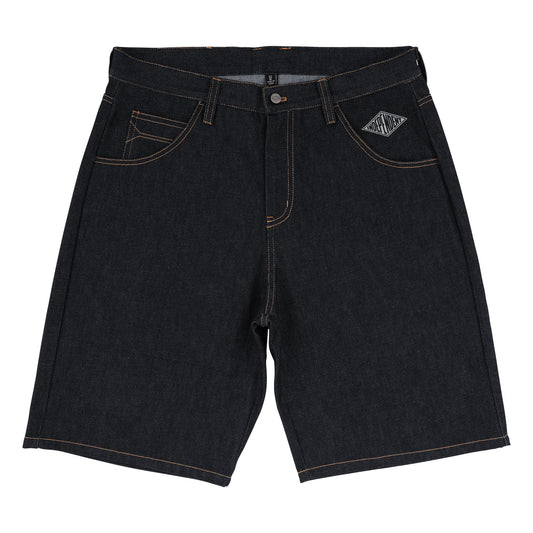 Black denim shorts on a white background