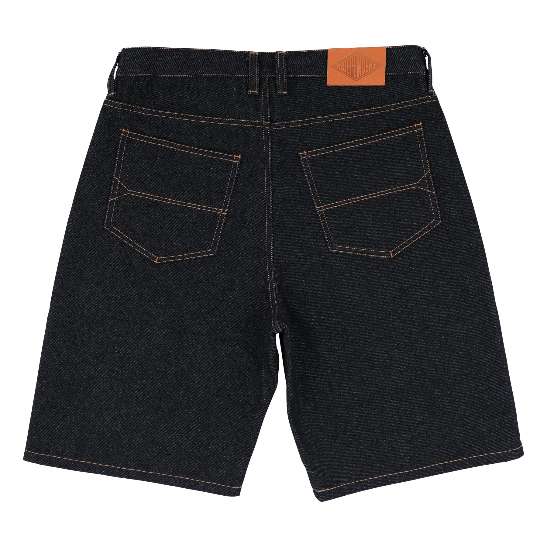 Black denim shorts with a brown leather patch on a white background