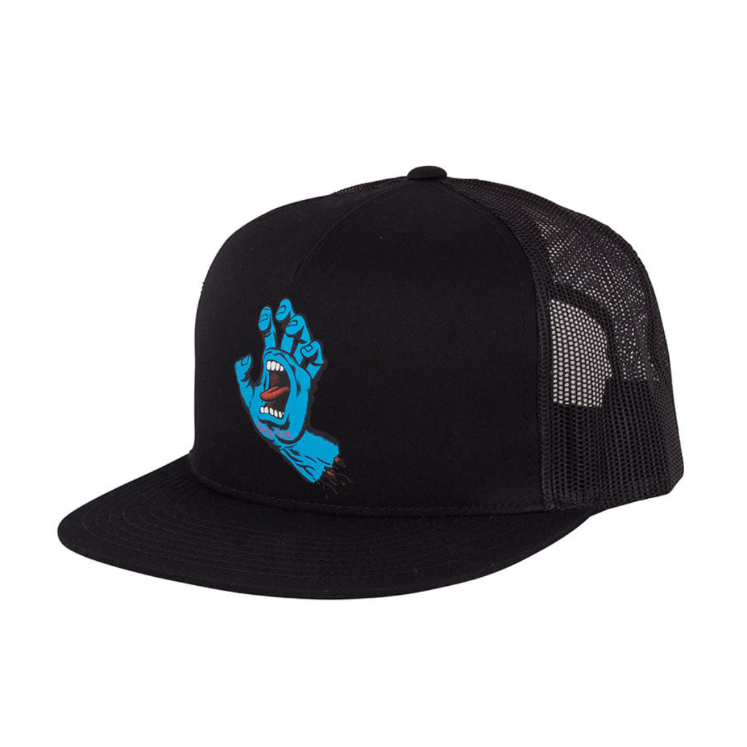 Black trucker cap with blue graphic on a white background