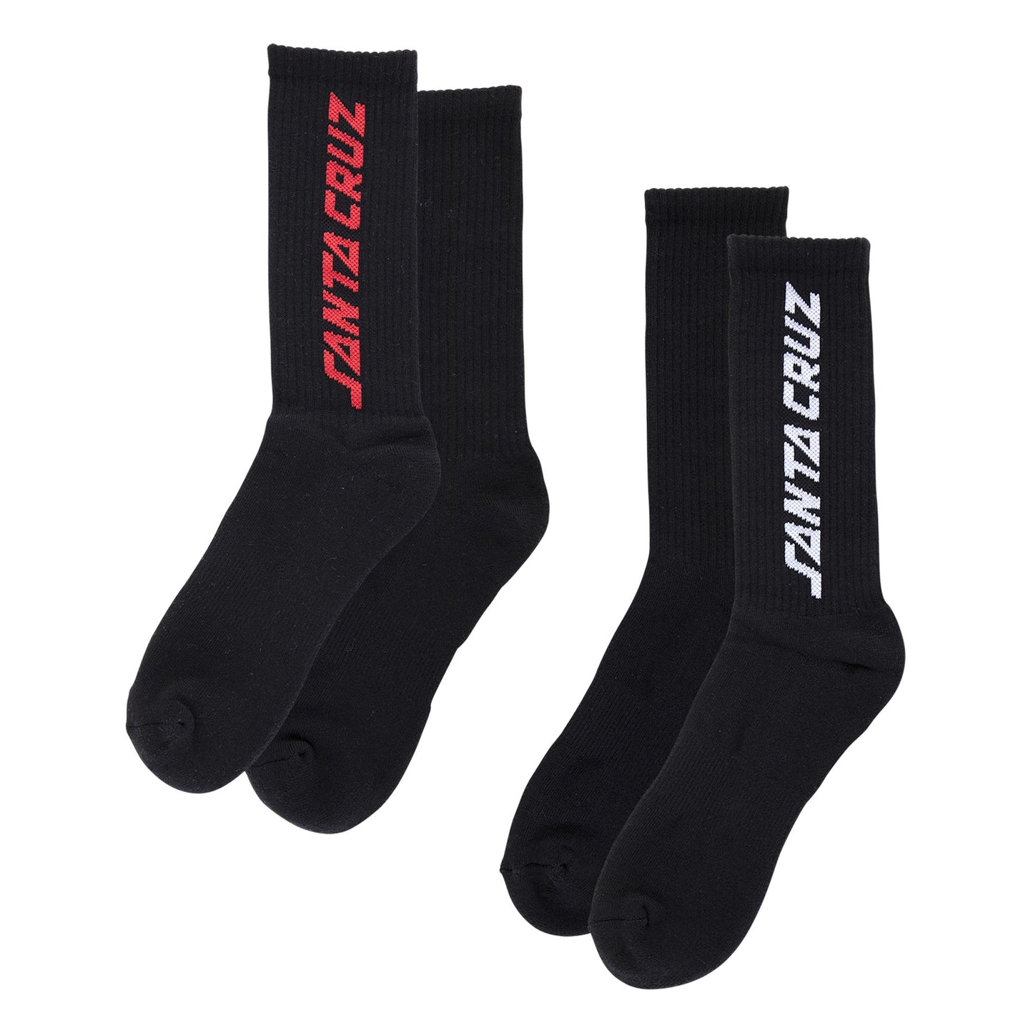 Two pairs of black socks with 'Santa Cruz' branding on a white background