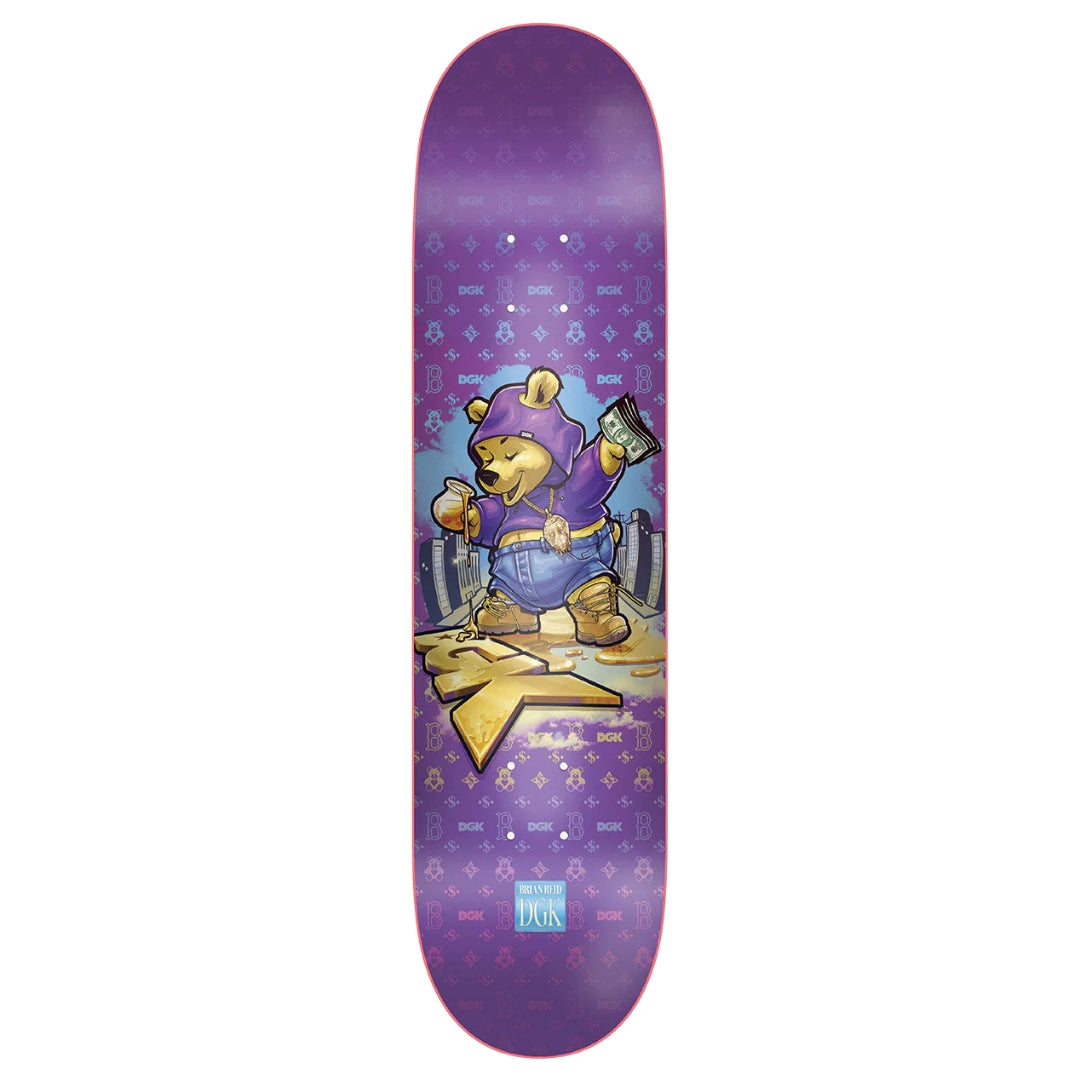 Skateboard deck with a bear character in a purple outfit on a white background