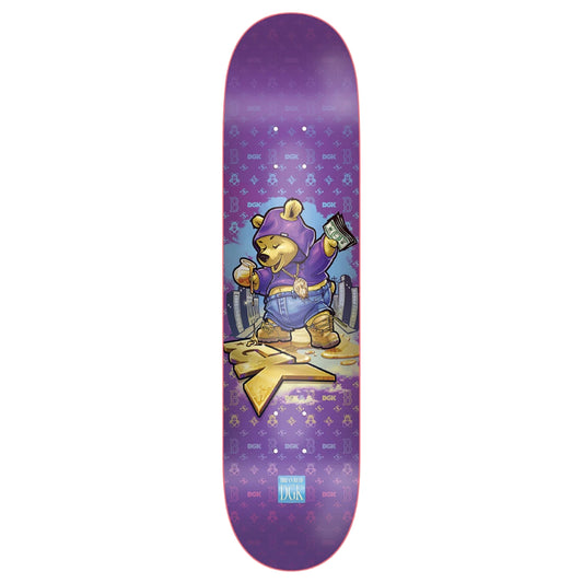 Skateboard deck with a bear character in a purple outfit on a white background