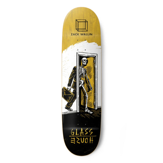 Skateboard deck with skeleton design and 'Zack Wallin' branding on a white background