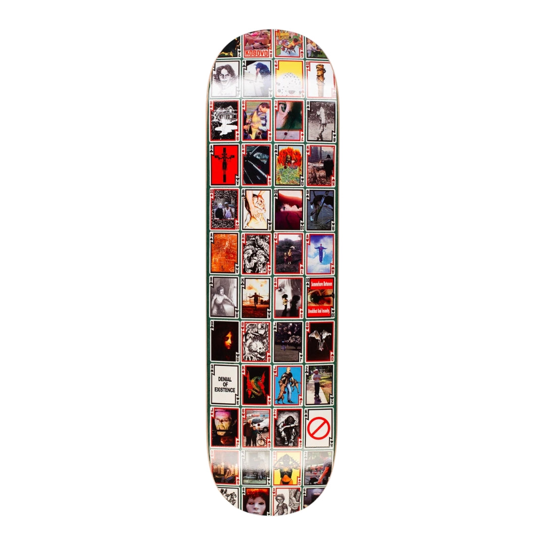 Skateboard deck with collage of small images on a white background