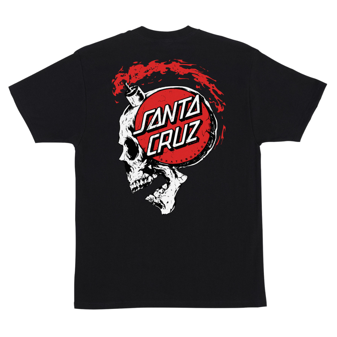A black short-sleeve t-shirt featuring a large Santa Cruz graphic on the back, showing a white skull profile overlapping a red circle with the brand's logo in white and black.