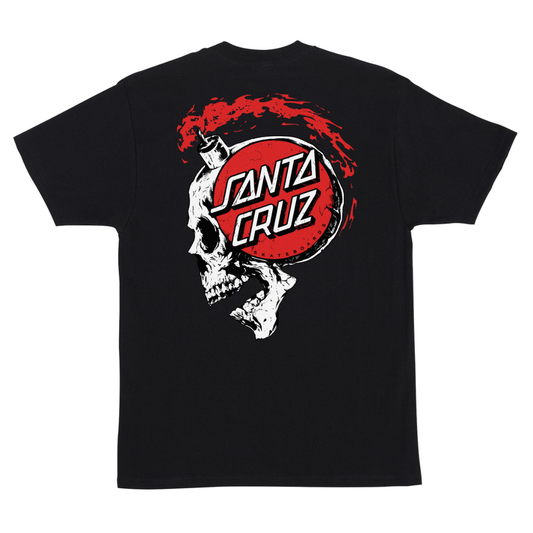 A black short-sleeve t-shirt featuring a large Santa Cruz graphic on the back, showing a white skull profile overlapping a red circle with the brand's logo in white and black.