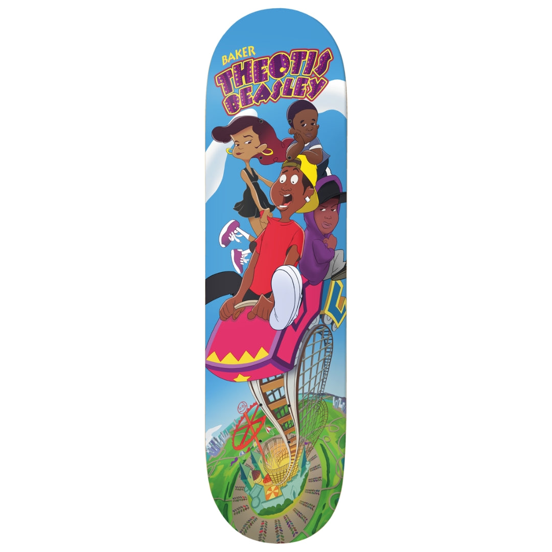 Skateboard deck with colorful design featuring characters and text on a blue background
