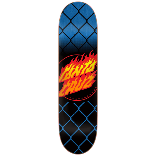 A Santa Cruz skateboard deck featuring a black and blue chain-link fence pattern with a large red and yellow flame logo in the center.