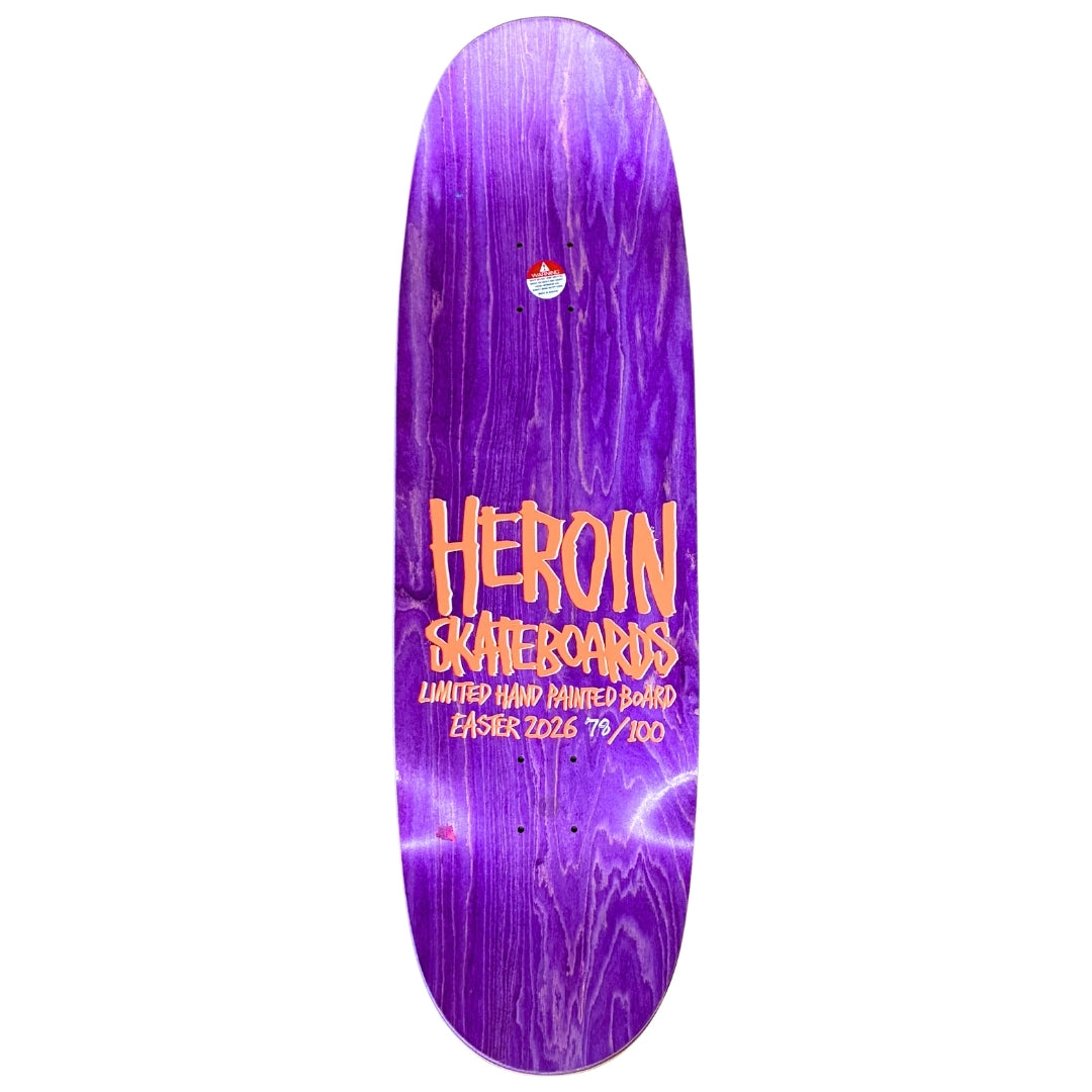 Purple skateboard deck with 'Heroin Skateboards' text on a white background