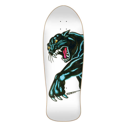 Skateboard deck with a black panther design on a white background
