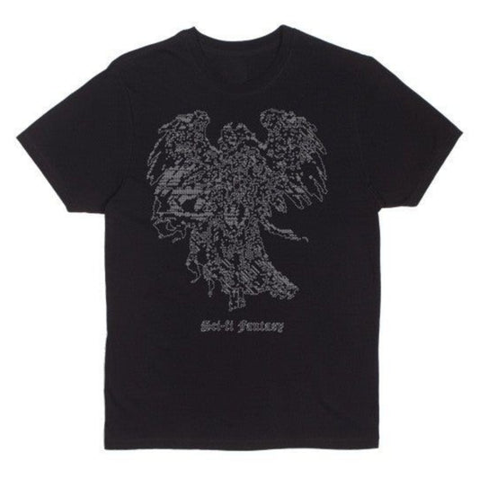 Black t-shirt with a gray eagle design and text on a white background