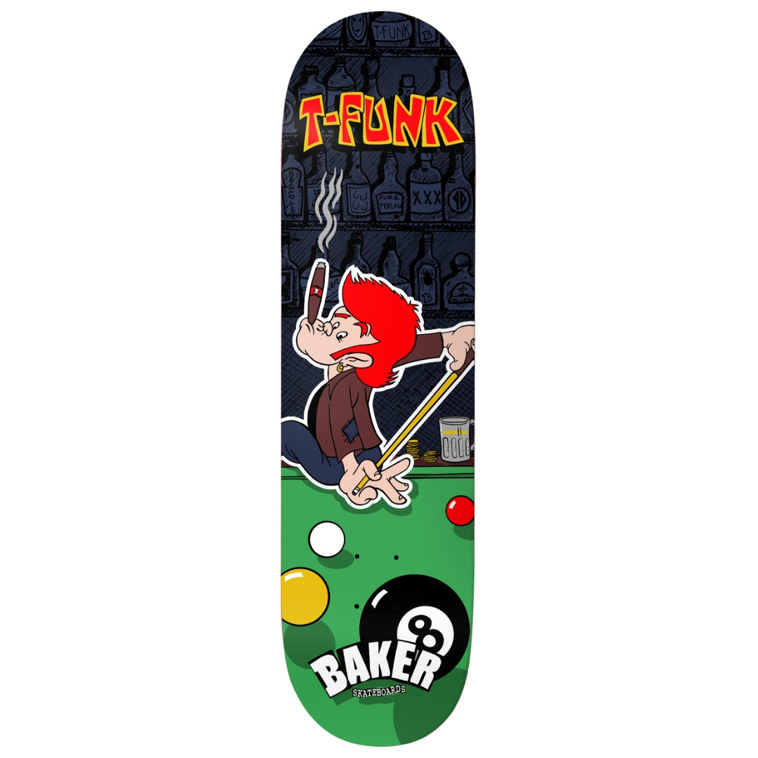 Skateboard deck with cartoon character and brand logos on a white background