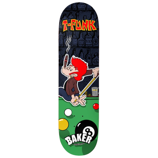 Skateboard deck with cartoon character and brand logos on a white background