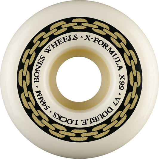 White wheel with black and gold text and chain design on a white background