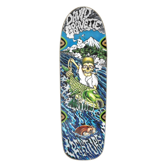 Skateboard deck with a colorful design featuring a character and mountain, branded 'David Barrette'.