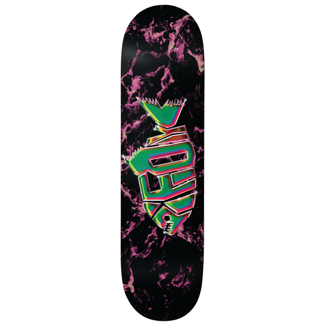 Skateboard deck with colorful abstract design on a black and pink marbled background