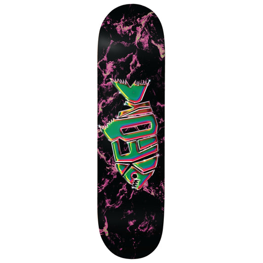 Skateboard deck with colorful abstract design on a black and pink marbled background
