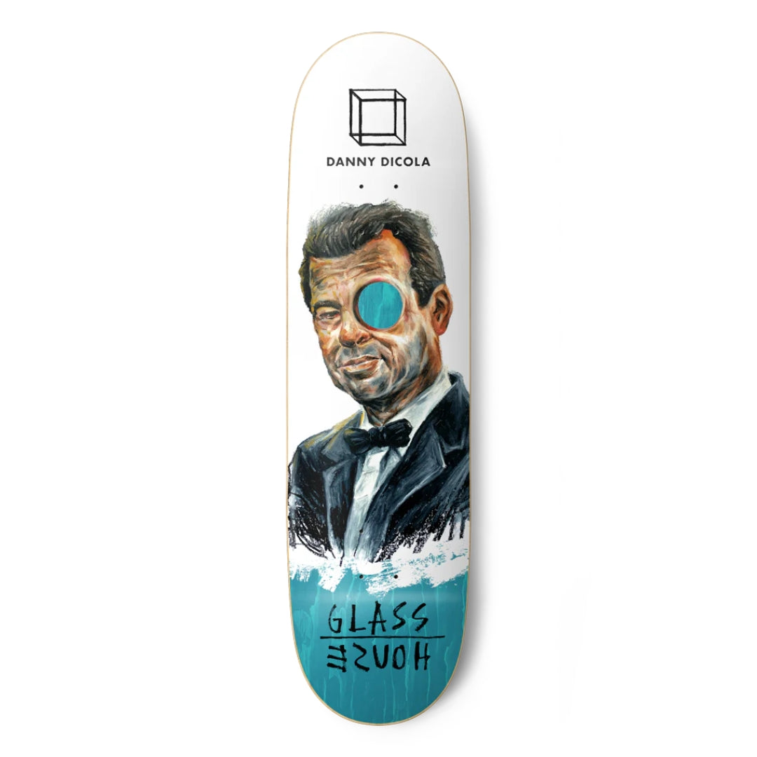 Skateboard deck with a portrait of a man in a tuxedo and text on a white background