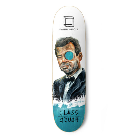 Skateboard deck with a portrait of a man in a tuxedo and text on a white background