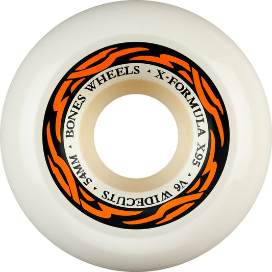 White skateboard wheel with orange and black text on a white background