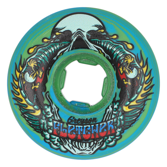 Skateboard wheel with colorful design and 'Firestone' branding on a white background