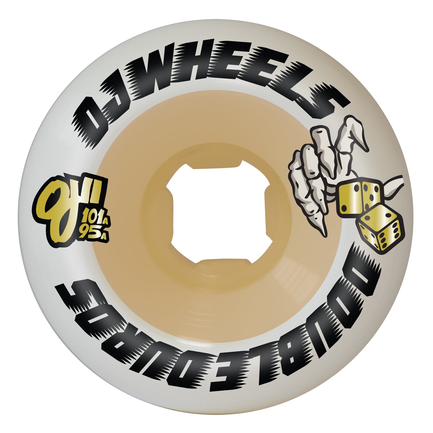 Skateboard wheel with 'Oh Wheelz' branding and a hand holding dice design on a white background