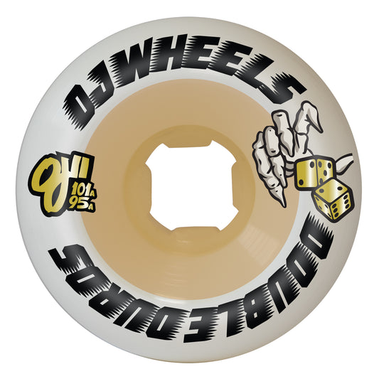 Skateboard wheel with 'Oh Wheelz' branding and a hand holding dice design on a white background