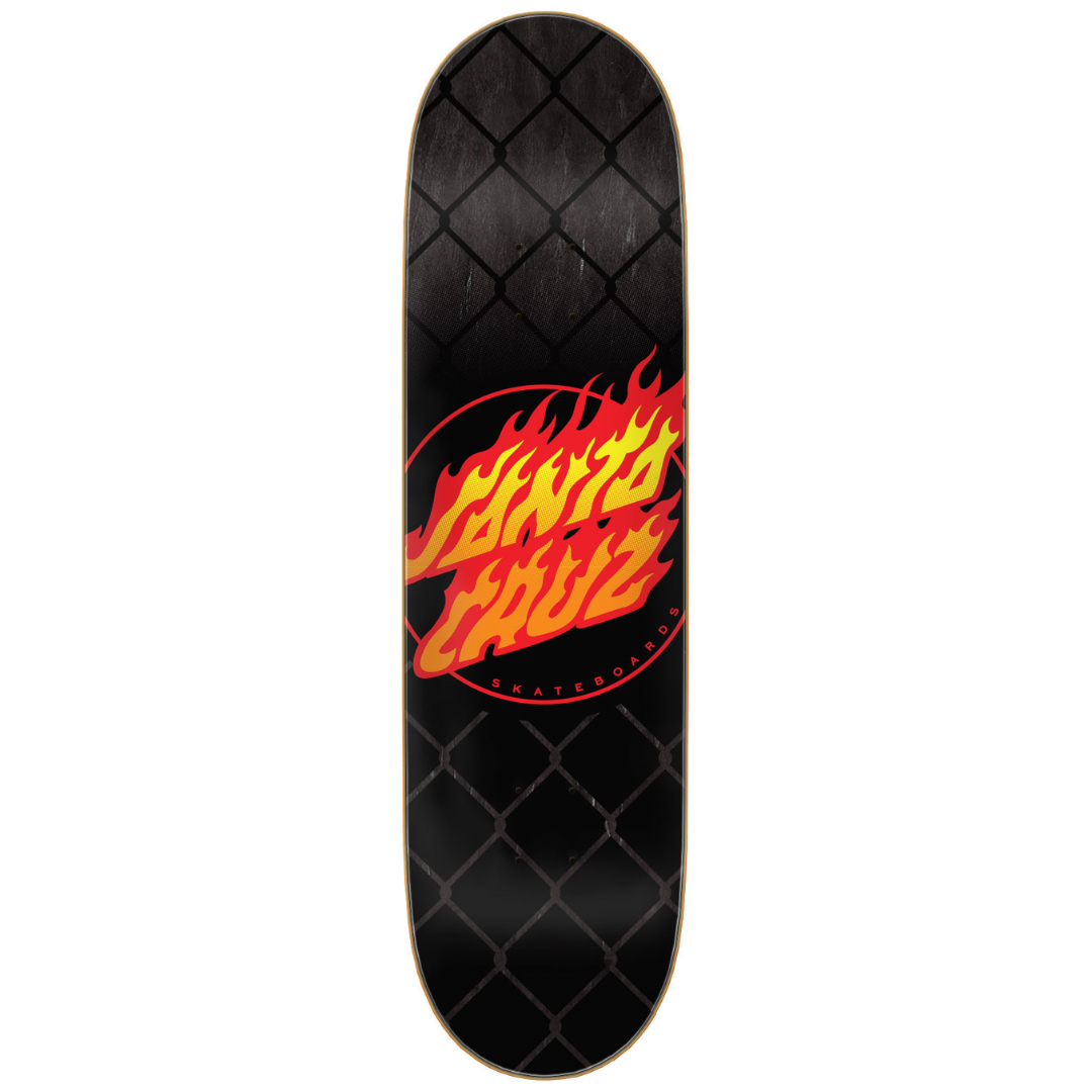 A Santa Cruz skateboard deck shown vertically against a plain white background. The deck features a black diamond-patterned grip tape texture, with the iconic red and yellow Santa Cruz flame logo in the center.
