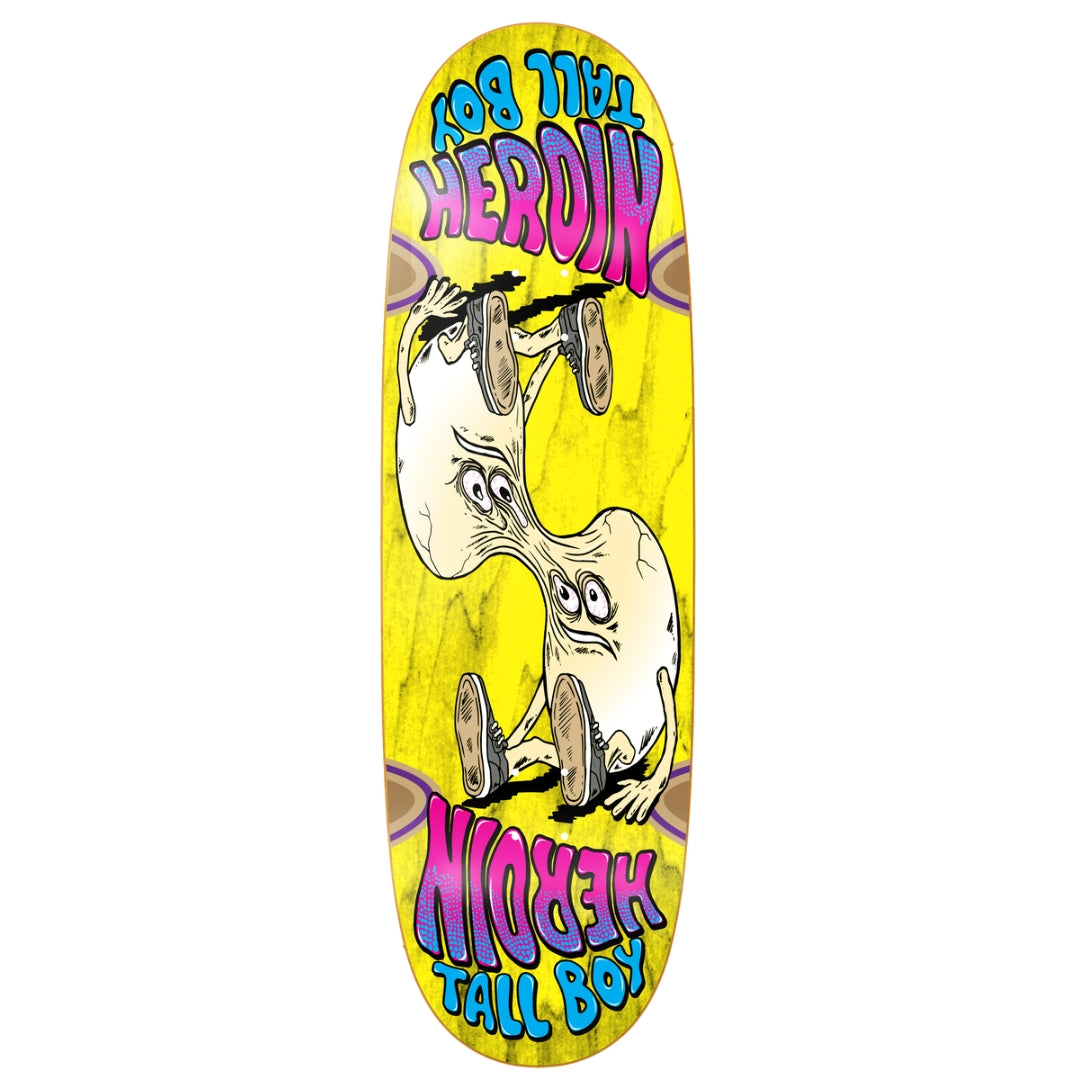 Skateboard deck with cartoon character and colorful text on a yellow background