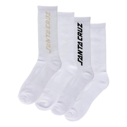 Three white socks with 'Santa Cruz' branding on a white background
