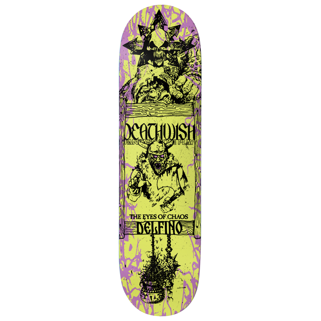 A skateboard deck shown vertically against a plain white background. The deck features a highly detailed, black graphic illustration on a bright neon yellow-green base, with purple splatter accents near the top and bottom edges.