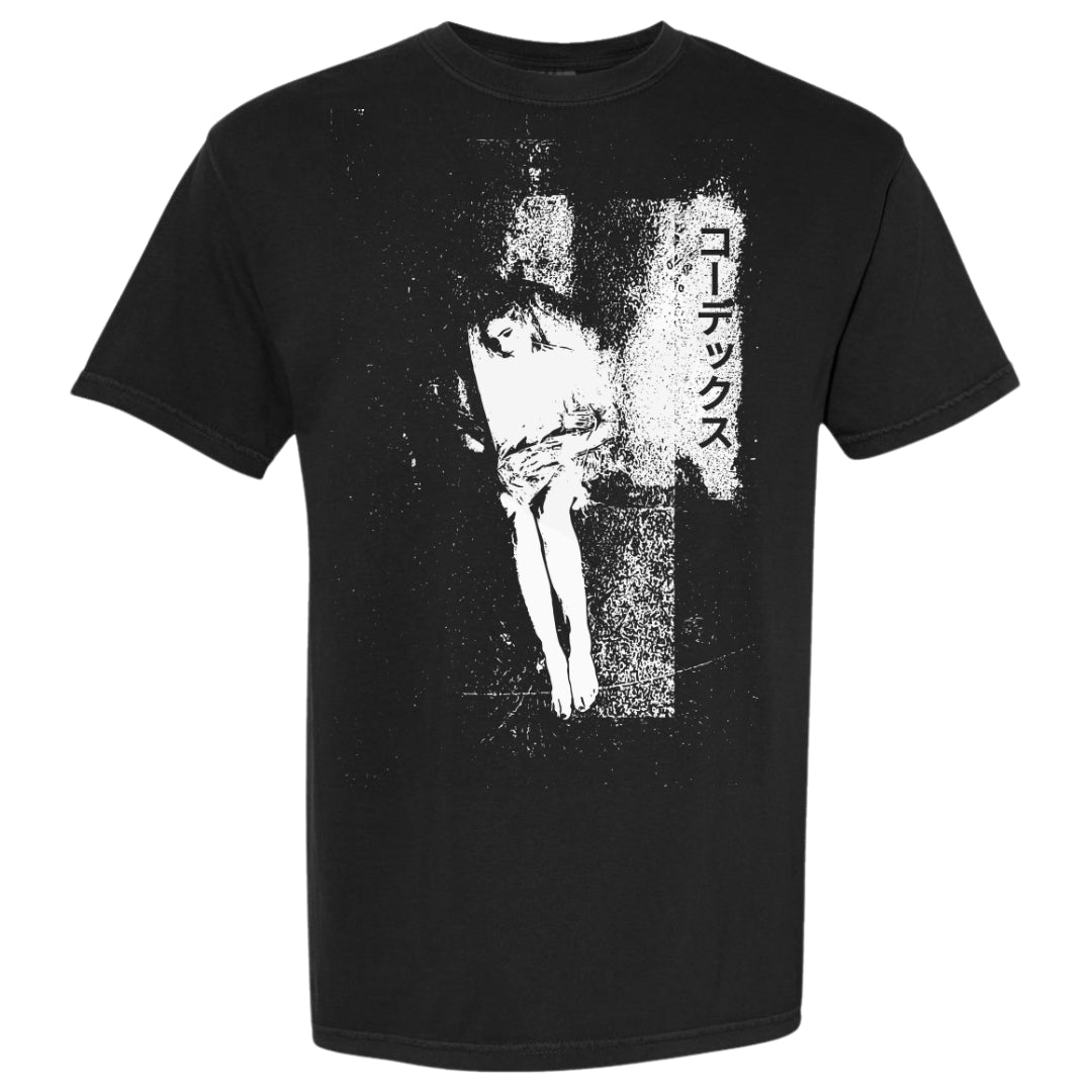 Black t-shirt with white graphic design on a white background