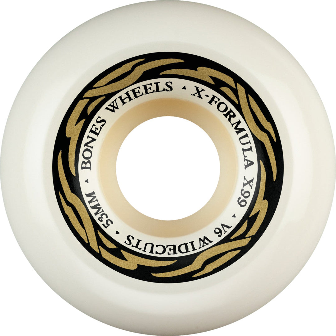 White skateboard wheel with black and gold text on a white background