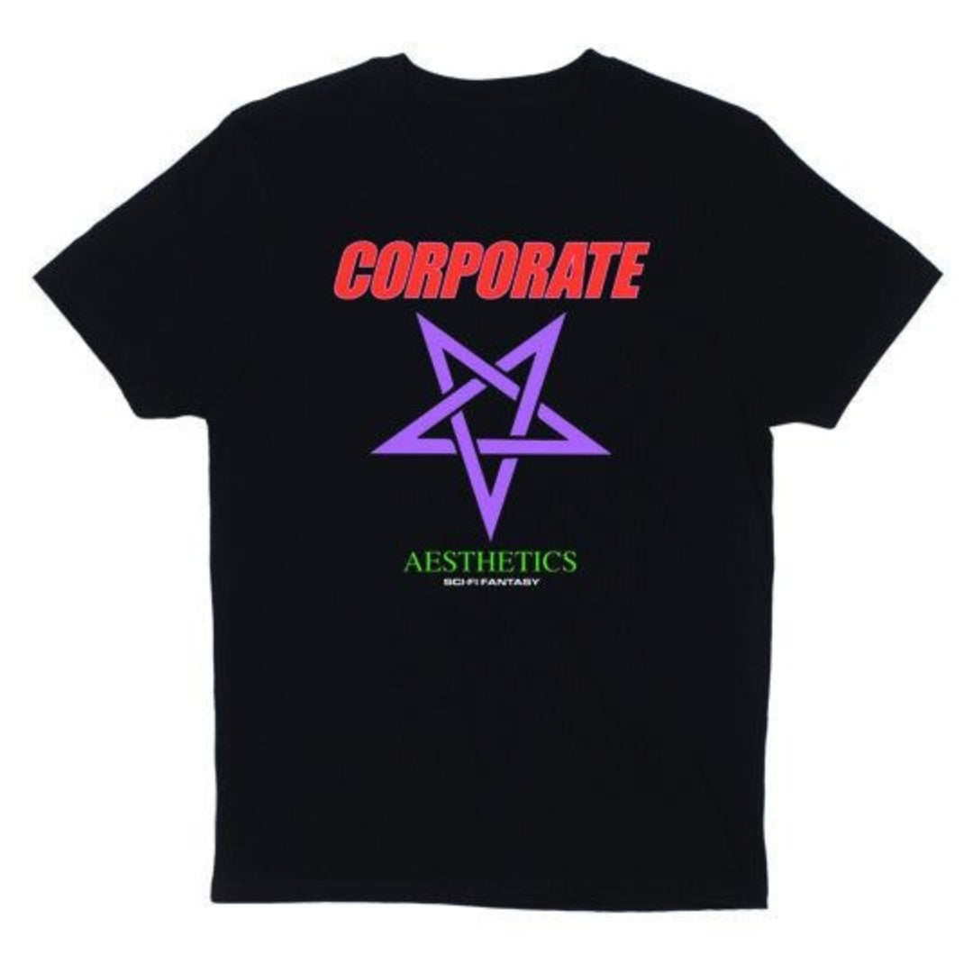 Black t-shirt with a purple star and text on a white background