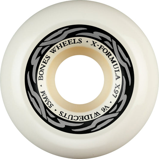 A single skateboard wheel shown from a top-down view on a plain white background. The wheel is off-white with a black and gray decorative ring and black text that reads 'BONES WHEELS', 'X-FORMULA', 'X97', '52MM', and 'V6 WIDECUTS'.