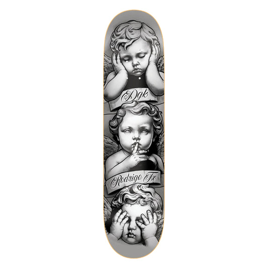 Skateboard deck with black and white angel illustrations and 'Dyk' branding on a white background