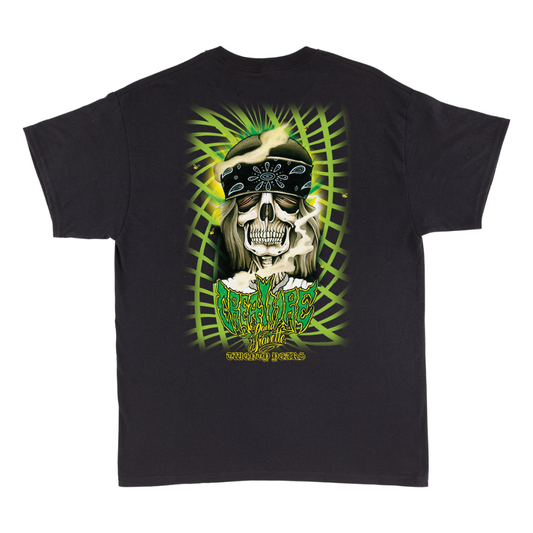 A black short-sleeve graphic t-shirt featuring a large back print of a skull wearing a bandana and sunglasses, surrounded by green palm leaves and the text 'BURNING JEFFERSON' and 'SOMETHING BETTER'.