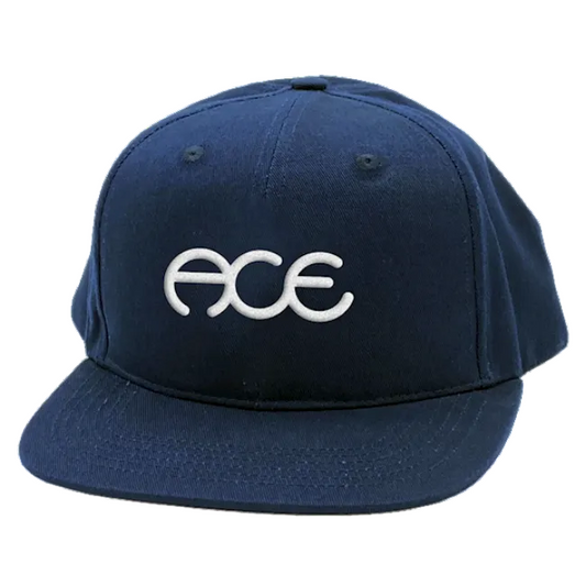 Navy blue cap with white logo on a white background