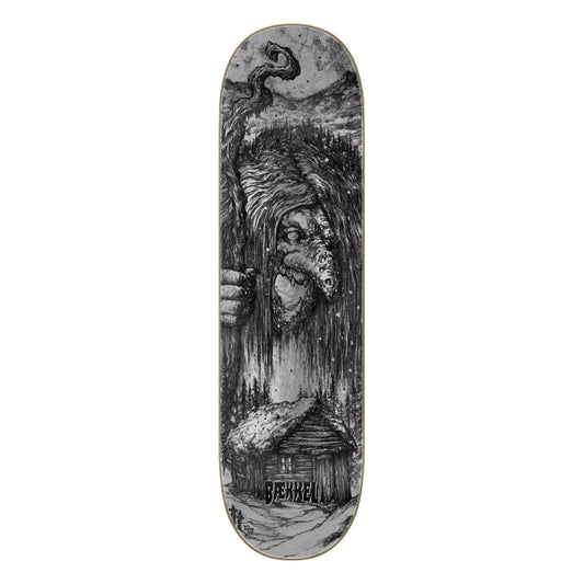 Skateboard deck with artistic design of a face and landscape, featuring the brand 'Banksy'.