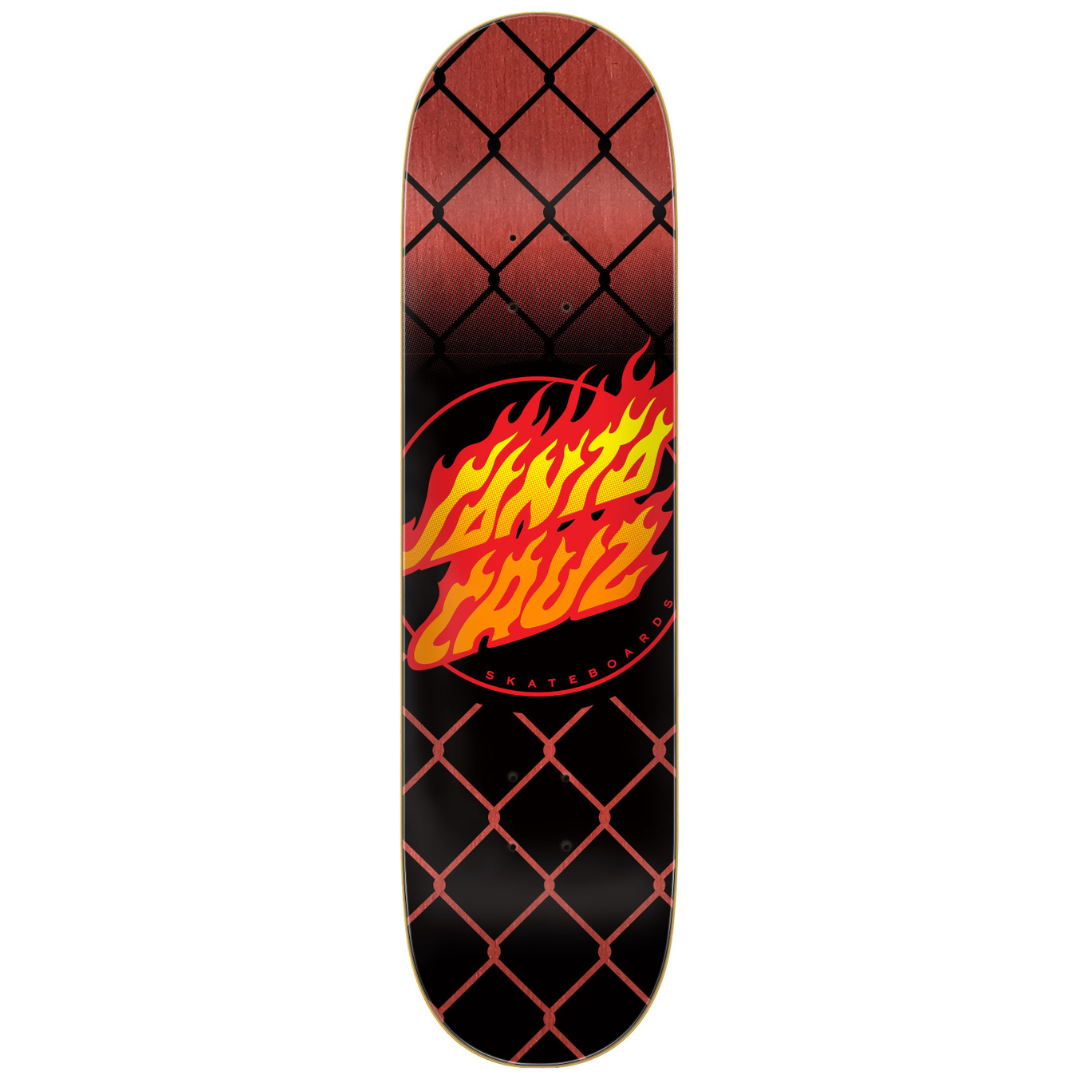 A Santa Cruz skateboard deck featuring a black and red chain-link fence pattern with a large red, orange, and yellow flame logo in the center.