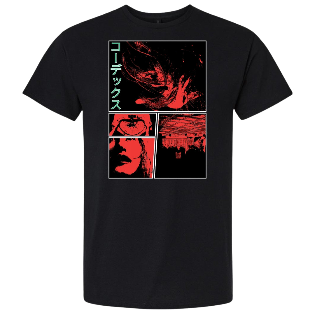 Black t-shirt with red and white graphic design on a white background